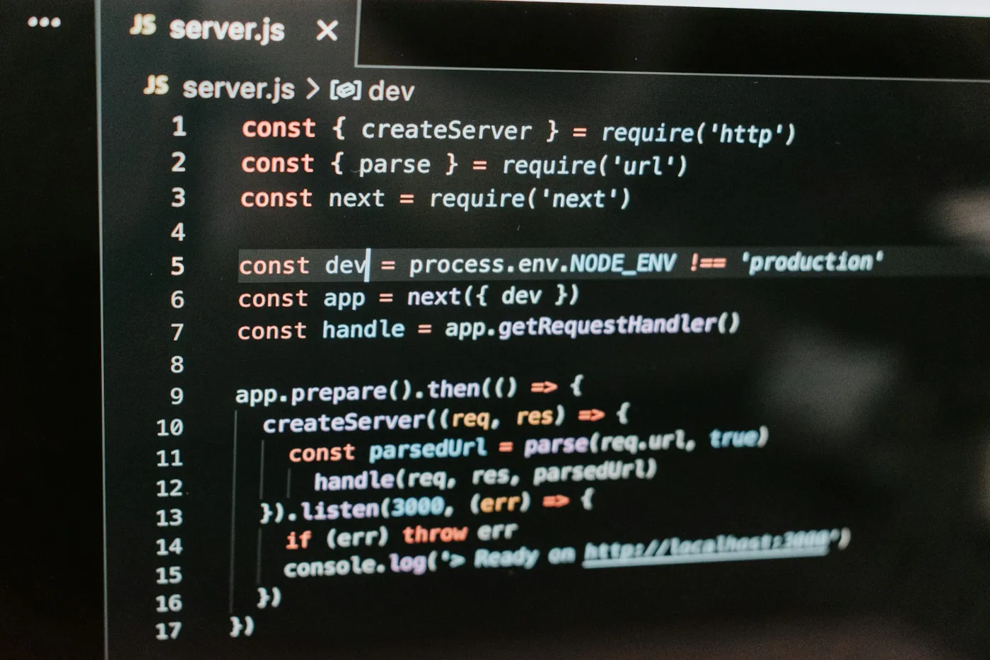 Node.js server code in an editor
